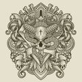 Vector illustration. demon skull with snake vintage engraving ornament Royalty Free Stock Photo