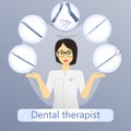 Vector illustration of dental therapist with defferent dental instruments