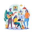 Creative Team Collaboration: Vector Illustration of Musicians and Designers Working Together in a Home Royalty Free Stock Photo