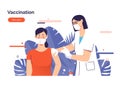 Vector illustration depicting a female doctor vaccinates a woman patient against coronavirus