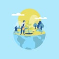 Vector illustration depicting the hemisphere of the Earth, as well as a girl watering a tree. Conveys the concept of responsible