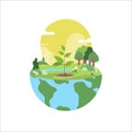 Vector illustration depicting the hemisphere of the Earth on which a garden is planted. Conveys the concept of responsible