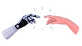 Vector illustration depicting human and robot hands reaching for each other. The robot and the person extend their hands to each