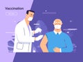 Vector illustration depicting a male doctor vaccinates an old man patient against coronavirus