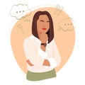 Vector illustration depicting a thinking girl. flat stock illustration. girl thinks. girl`s thoughts. Image for social networks