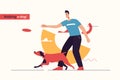 Vector illustration depicting a young smiling man playing with a dog. Editable stroke Royalty Free Stock Photo