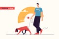 Vector illustration depicting a young smiling man walking a dog on a leash.Editable stroke Royalty Free Stock Photo