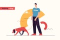 Vector illustration depicting a young smiling man walking a dog on a leash.Editable stroke Royalty Free Stock Photo