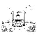 Rustic Stone Well with Bucket and Flowers in Countryside Vector Illustration Royalty Free Stock Photo