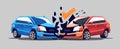 The vector illustration depicts a traffic accident between two cars at a crossroad or street, resulting in front bumper damage.