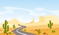 Vector illustration of desert landscape with cactuses and asphalt road, in cartoon flat style. Royalty Free Stock Photo