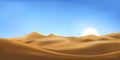 Vector illustration of desert panorama landscape with sand dunes on very hot sunny day summer, Minimalist panoramic cartoon nature