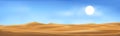 Vector illustration of desert panorama landscape with sand dunes on very hot sunny day summer, Minimalist panoramic cartoon nature