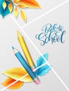 Vector illustration with design template for Back to school event banner with pencils, detailed bright autumn leaves and