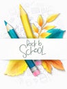 Vector illustration with design template for Back to school event banner with pencils, detailed bright leaves and Back