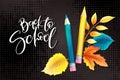 Vector illustration with design template for Back to school event banner with pencils, detailed bright leaves and Back