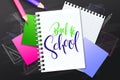 Vector illustration with design template for Back to school event banner with pencils, notebook, paper pages, stickers