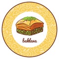 Vector illustration with dessert baklava in circle frame with floral ornament