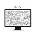 Vector illustration of detailed isolated image of monitor with many cute details. Screen