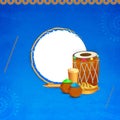 Vector illustration of dhol drum, color pot and indian sweets on blue background.