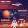 Vector illustration of different banners with planets colonization, astronaut dedicated to space exploring, spaceship Royalty Free Stock Photo