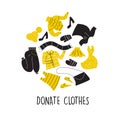 Vector Illustration of different clothes for donation. Circle composition. Charity day and social care concept. Second