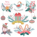 Vector illustration of different gifts, presents, animals and winter decorations emblems for Christmas.