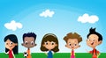 Vector illustration of different kids on blue sky banner.