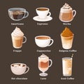 Vector illustration of different kinds of coffee drinks with names. Royalty Free Stock Photo
