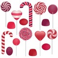 Vector illustration of different sweets. Candy cane, swirl lollipop, heart lollipop, round lollipop, jellies, hard candies