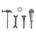 Vector illustration of different tools. Screw, nut, hammer, wrench and screwdriver, isolated on the white background Royalty Free Stock Photo