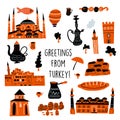 Vector illustration of different turkish attractions and symbols of turkish culture. Royalty Free Stock Photo