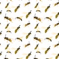 Different types of bees in different positions as a seamless pattern on a white background