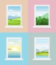 Vector illustration of different window views. Mountains, forest, fields, sea with sunrise window views collection in