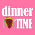 Vector illustration of dinnertime with fried steak, knife and fork on pink background. Royalty Free Stock Photo