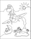 Vector illustration of dinosaur flies in the sky on an airplane. Creative vector Childish design for kids activity colouring book