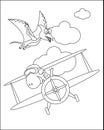 Vector illustration of dinosaur flies in the sky on an airplane. Creative vector Childish design for kids activity colouring book