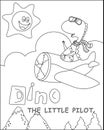 Vector illustration of dinosaur flies in the sky on an airplane. Creative vector Childish design for kids activity colouring book