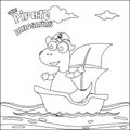 Vector illustration of dinosaur pirate on a ship at the sea with cartoon style. Childish design for kids activity colouring book