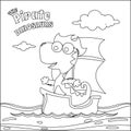 Vector illustration of dinosaur pirate on a ship at the sea with cartoon style. Childish design for kids activity colouring book