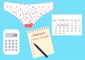 Vector illustration of dirty pants with menstrual blood drops in women monthlies period, shopping list and a calendar. Feminine hy