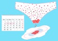 Vector illustration of dirty pants with menstrual blood drops in women monthlies period, soft pad and a calendar. Feminine hygiene