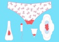 Vector illustration of dirty pants with menstrual blood drops in women monthlies period, tampon and pads. Feminine hygiene in Mens