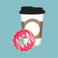 Vector illustration disposable coffee cup icon with pink sweet donut Royalty Free Stock Photo