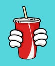 vector illustration of disposable red soda cup with straw and holding hands.