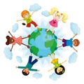 Happy multi ethnic kids around the earth. Royalty Free Stock Photo