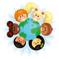 Happy multi ethnic kids around the earth. Royalty Free Stock Photo
