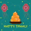 Vector illustration of diwali festival card, decorated with motichur ladoo or laddus, sky lantern on teal background.