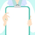 Vector illustration of a doctor holding a blackboard with place for text. Doctor hands holding a tablet with white