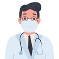 Vector illustration of a doctor in a mask and glasses, in a flat style isolated on a white background. A medic in a